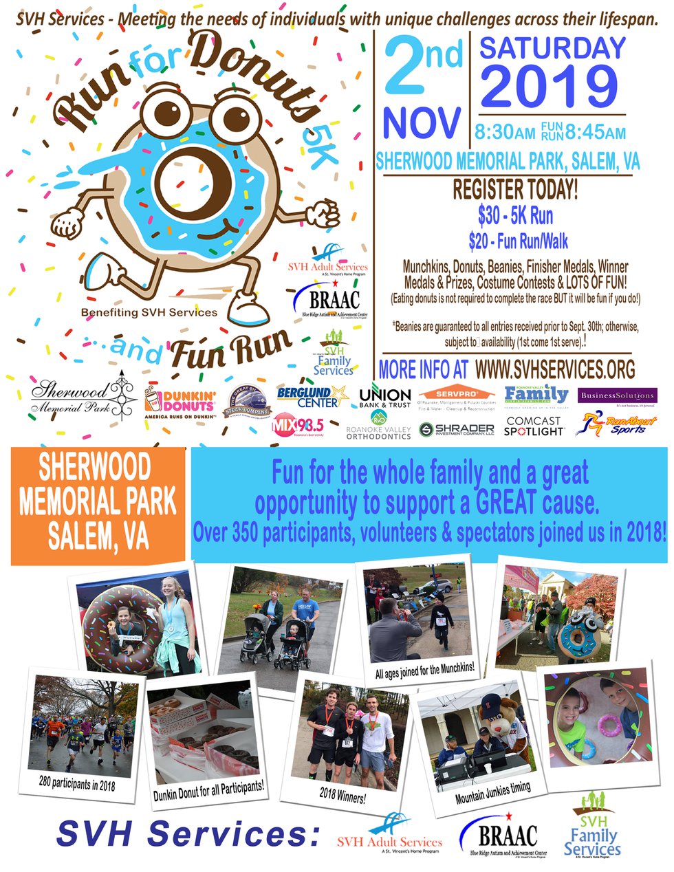 Donut Run One-Sheeter early registration - runabout logo 2019 and RVOrtho and new RVFamily logo.jpg