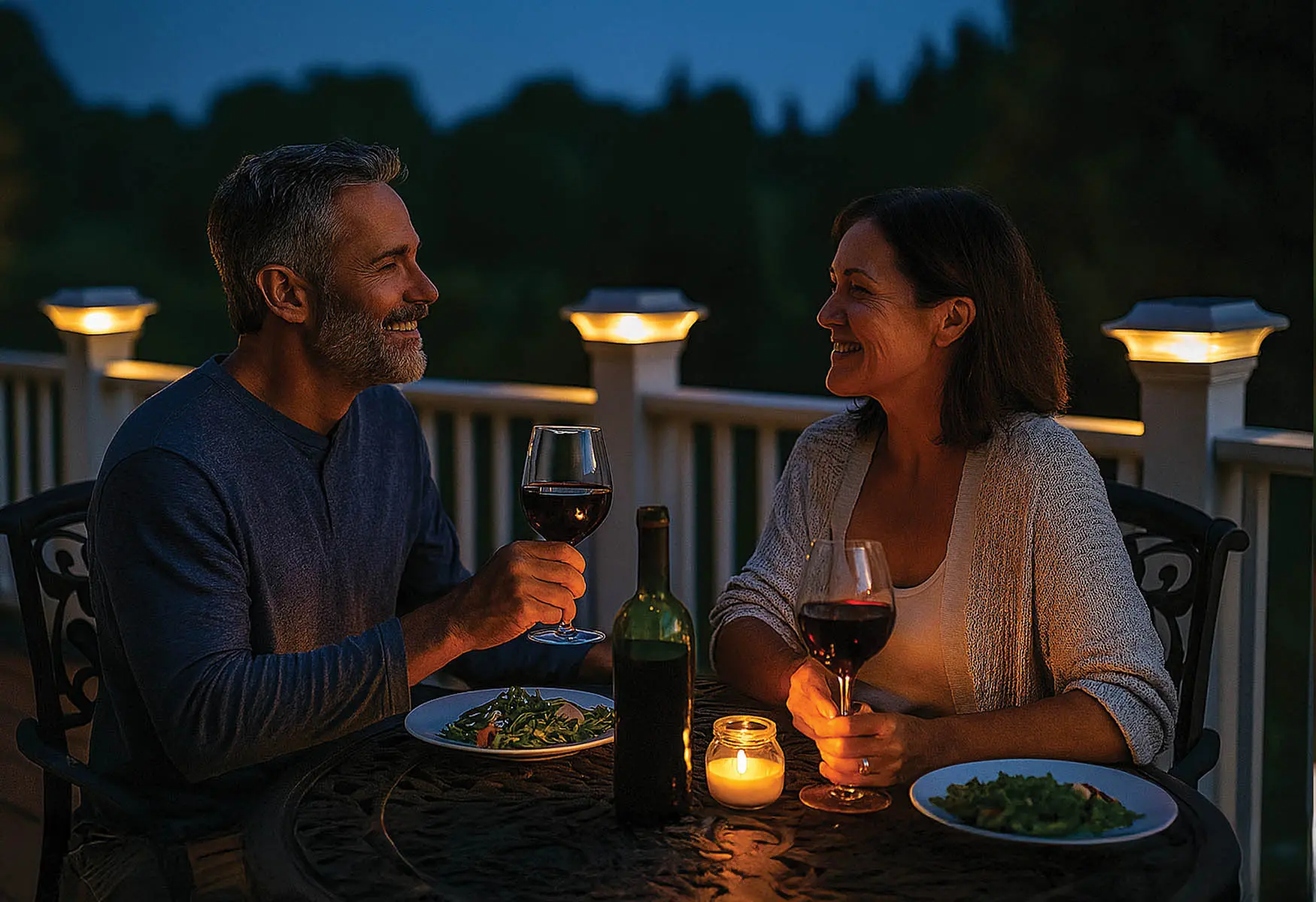 couple eating dinner on patio with solar lighting