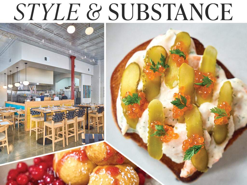 The open kitchen provides a show, especially when serving up Toast Skagen, featuring Carolina shrimp salad, cornichons and smoked trout roe on grilled brioche.