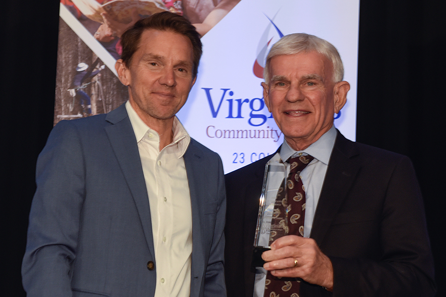 VCCS Senior Vice Chancellor Craig Herndon (from left), honors Dr. Robert Sandel, president of Virginia Western Community College. Sandel received the 2024 Expanding Opportunities Award on Oct. 24 at the Virginia Community College System Hire Education Conference at the Hotel Roanoke & Conference Center.