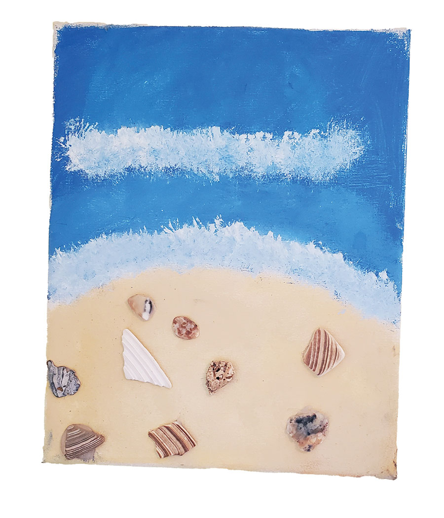 A lovingly painted beach scene painted by Sarah Wade for her mom and embedded with shells gathered on a walk with her mother.