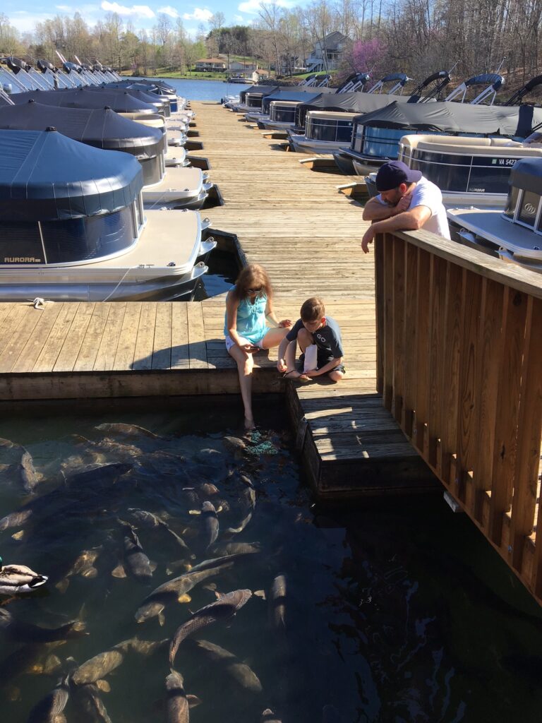 Kids throw popcorn to the carp that gather around the docks at Bridgewater Marina and Boat Rentals. The Smith Mountain Lake business recently donated nearly $20,000 to Make-A-Wish Greater Virginia by contributing 100 percent of 2020 popcorn sales at its Bridgewater Plaza location.