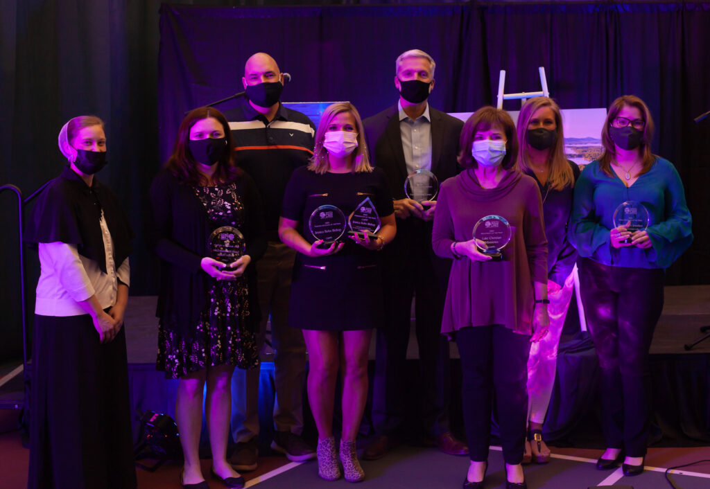 SML Regional Chamber of Commerce Award winners from left, Carla Brubaker, Sarah Gray and Kevin Gray, Smith Mountain Lake Coffee House; J Bohn Bishop, KEEPin' Up with J Bohn; Bruce Shelton, Capps Home Building Center; Jane Winters, Lake Christian Ministries; Charity Evans and Joanna Gruver, Haywood’s Jewelers.