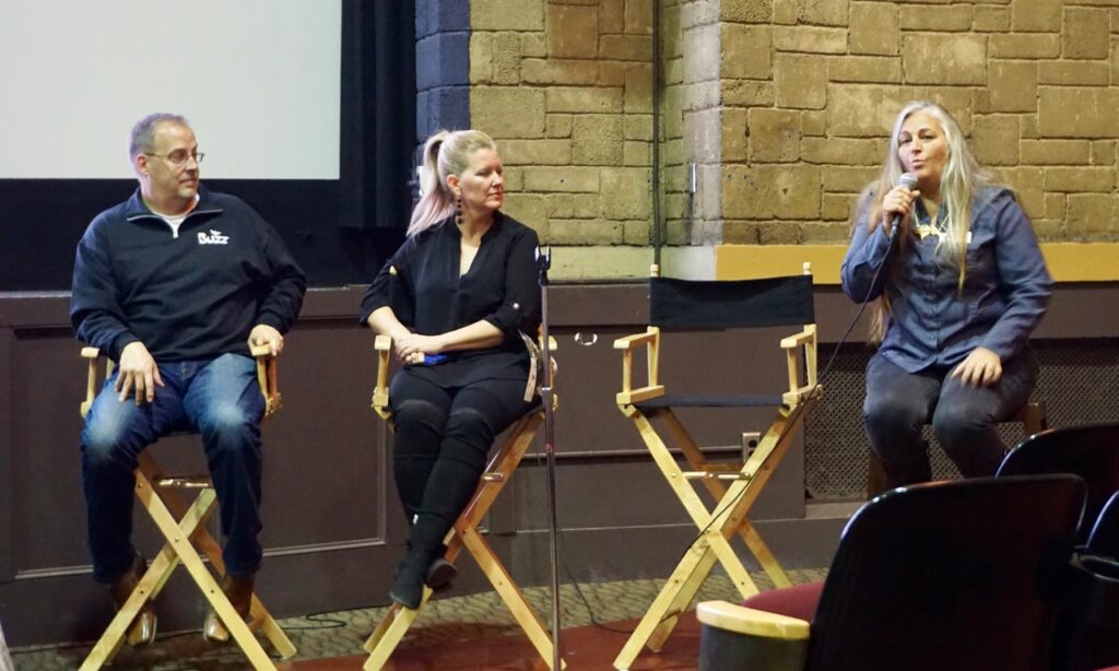 B2C’s Bruce Bryan (left), Virginia Tech’s Becky Freemal and Healing Strides CEO Carol Young answered audience questions after the showing of the pilot episode of “Buzz” at The Grandin Theatre.