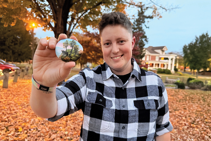 Booth paints kindness rocks and hides them around the city as a way to spread joy; last fall, she worked with the Roanoke Arts Commission to install Free Little Art Galleries to further increase accessibility to the arts.