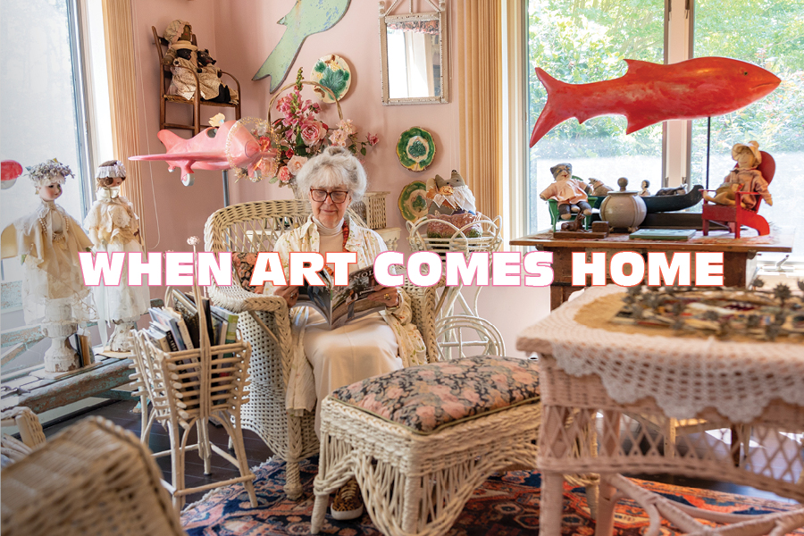 The morning room, where Judy enjoys her morning coffee and magazines, is full of Ross’s art and art they collected on their travels.