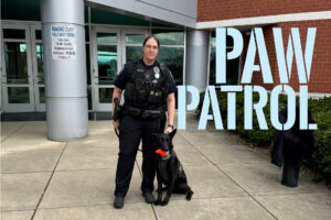 Officer Kristina Wilhelm and Ghost outside of the Roanoke County Public Safety Building.