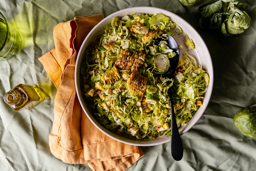 Shaved Brussels Sprouts with Fresh Corn and Truffle Oil