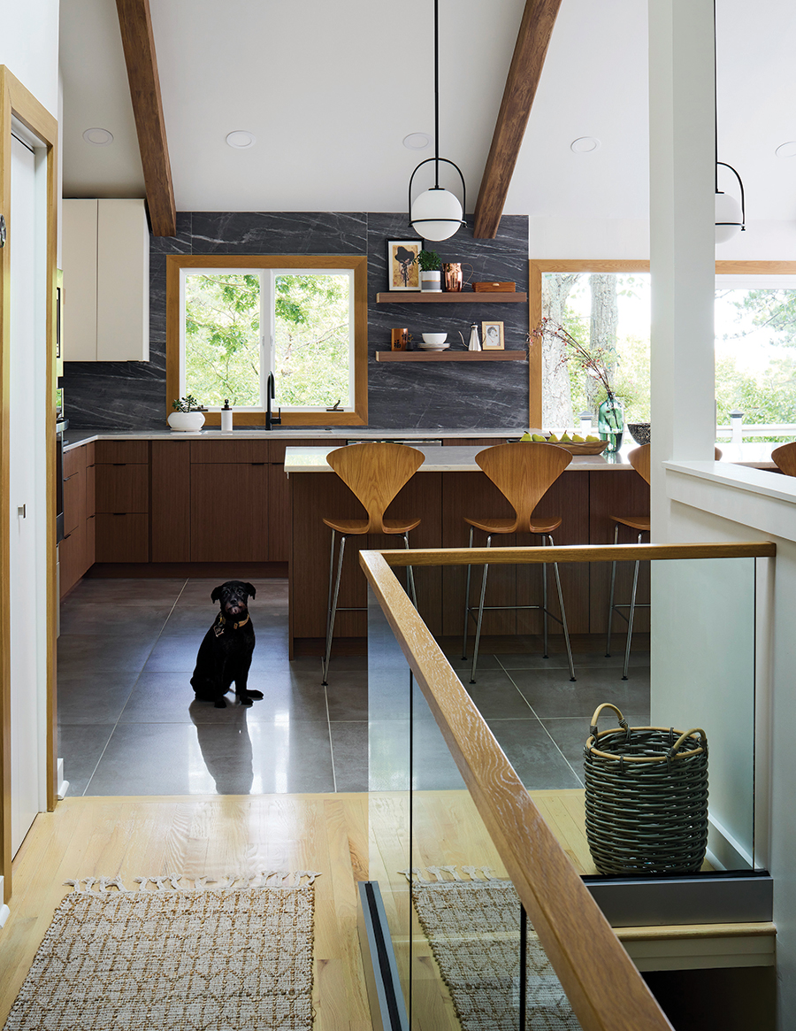 To achieve the raw wood beam look of a Japandi-style ceiling, Circle used foam that looks like raw wood but is obviously much more lightweight.