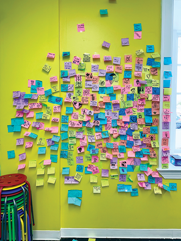 Customers leave well wishes, affirmations, notes and doodles on the shop's Post-It wall.