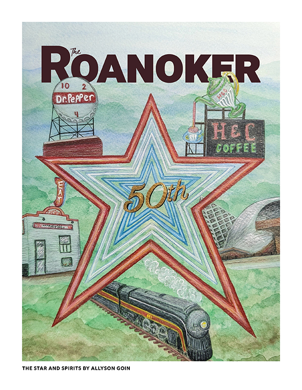 “Everywhere I look, Roanoke inspires me. The natural colors—the trees changing on the beautiful mountains and flowers that grow along the parkway—and the the structures of the buildings, the train tracks stretching through the area, and the gorgeous murals blossoming on buildings all inspire me. I have used a variety of subjects from the region in my own personal artwork, including the Blue Ridge mountains and the details of specific businesses. 

I have lived in Roanoke my entire life, and as a child I looked to The Roanoke Star in awe and wonder. I especially loved it when the colors were changed to red, white, and blue. To me the Dr. Pepper and H&C Coffee signs were always so unique and seeing them lit up at night just put a smile on my face. I chose the Texas Tavern and 611 train for the connection I have to my dad and for how important they are to Roanoke. They both put smiles on my Daddy’s face, and I know they do for other people too. Finally I put the Taubman Art Museum because it means a great deal to me to have art from other places come to my hometown to broaden others lives. All of these items together helped me create an image showing things in Roanoke that are special to not just me but to others too.”