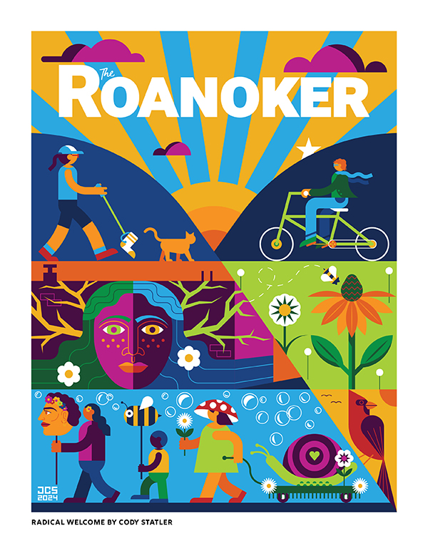 “I am inspired by both the people of Roanoke and the natural environment we share with our native plants and animals. This work is a deeply personal piece with each panel representing something that either I have a connection with, admiration for or am simply inspired by. The top left panel represents Sunni Purviance and her innovative Roanoke Plawkers group making our neighborhoods cleaner while building bonds between neighbors. The middle left panel represents John Murrill’s work, and this is specifically my version of his “Lady Appalachia” series. The bottom left panel represents the Daisy Art Parade created by one of my heroes, and I am proud to say, friend, Brian Counihan. The top right panel is a depiction of the great bike riding available in our city. The middle right panel is a native coneflower with a bumble bee flying around, representing Roanoke as a “Bee City’’ and my involvement in the Star City Garden Club. The bottom right panel is a cardinal and depicts my love of bird photography, which I share with my wife. Even the sun with its outwardly extending rays has meaning and pays homage to the work I created on the ArtspaceROA project.

I choose these subjects because of my personal connection to each of them. They are a few of many reasons I love Roanoke and why I would not want to live anywhere else.”