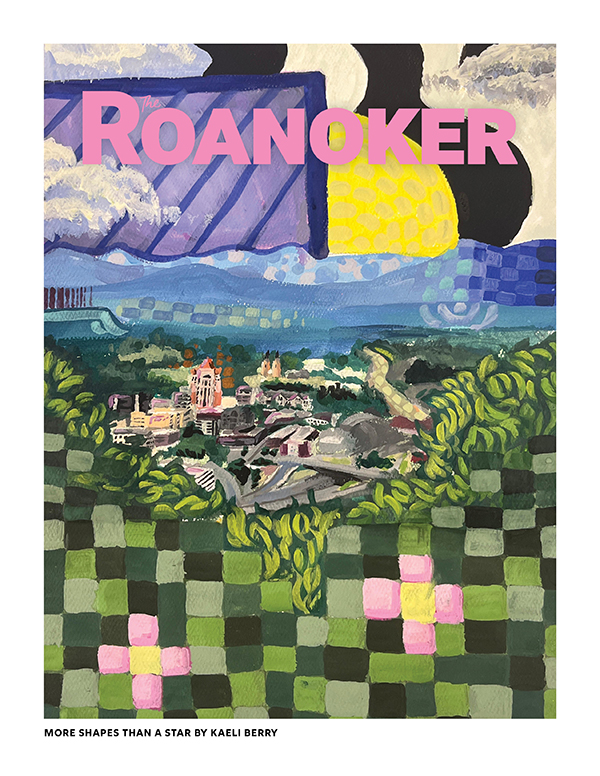 “Although I am a resident of Botetourt County, I commute daily to Roanoke Valley Governor’s School. On the drive to school I admire the beauty of the star city, which inspired this painting. I chose the perspective of looking down from the Mill Mountain star, because it was unique view of the city.”