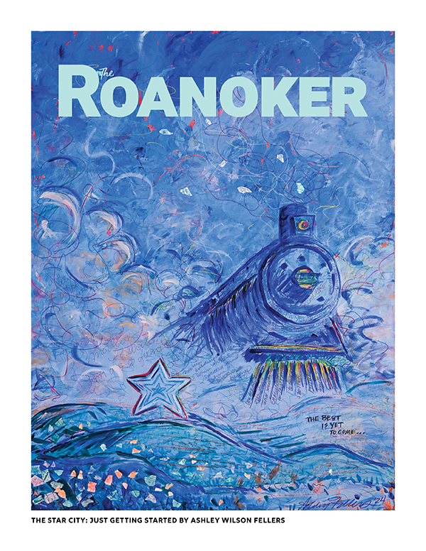 “When I first spotted this cover from February 1982—a little flashback to an era when I was just six months old—I was immediately attracted to the artist’s rich color scheme and watery, almost ghostly, train image—a symbol of Roanoke’s deep roots. But the forward movement inherent in the composition spoke to a different kind of movement, too—one toward the future we’re still creating, together. I began to imagine a new version of this image, one faithful to its basic composition but embedded with a vibrant tapestry of hopes for what might be ahead for our city.

Before I started the piece, I sat down and penned a kind of mantra or prayer or prose poem for the underpainting—something I always do to help me center on my focus for a piece. Here’s what I wrote:

In Roanoke, we connect. We build. We grow. We’re working together to imagine a place where anyone can thrive and where everyone belongs. We celebrate our deep roots, even as we welcome newcomers who are putting down roots here for the very first time. We believe in community. We believe in beauty. We believe in art. And we know that art takes work, so we’re nurturing the kind of soil where creatives can work well. We are a city of placemakers and innovators, dreamers and doers. We acknowledge our past and see it as an invitation to buiild a better future, together. We know our diversity is our strength, and our deepest longings lean toward love. We speak truth, make space, celebrate together and laugh together. We amend our soil. We save seeds. We share our stories, and we work together to write new ones. We stretch. We sing. We strum. We strive. We are a city of starry-eyed believers, and in Roanoke, we believe that the best is yet to come.”