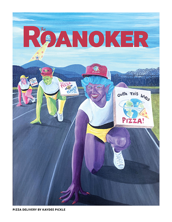 “Roanoke is a mystical valley bubbling with inspiration. The collective adoration for our hometown creates a spark in the heART of every local artist.

This particular cover from February 1986 was chosen for its delightful absurdity, and our majestic Blue Ridge Mountains that framed the background. I thought to myself, ‘How could I make this particular cover photo weirder than it already is?’ (By adding an extraterrestrial twist to it, of course!)”