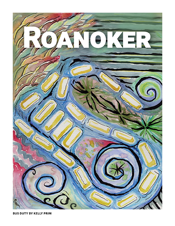 “The colors, the shapes and the movement of daily life in Roanoke inspired this piece. I painted it purely as an impression of one of my favorite parts of my day when I served as an instructional assistant at a school. Finding beauty in what lies right before your eyes can turn even the most mundane task into a journey of self-discovery.

This subject brings together the things I see every day: the mountains, the focus on education, the roads we travel, the trees and the lives ahead of us all. I also chose this because it represents one of the most glorious moments in any student’s day, and for that matter, the teacher’s day too. Bus duty captures the moment of relief that the workday is done, and freedom is again attained. I painted this impression because I loved bus duty at work. I got to see genuine smiles on the faces of the kids as I wished them a good afternoon. After a day indoors the bright sunlight woke up my senses and the colors of the clouds, the busses in their neat repeating patterns, and the trees and distant mountains inspired an emotion of satisfaction and joy. In the background too, the enormous stored-up potential of the lives of each student, carefully investing in knowledge they carry with them home each day, and into their future lives. One more day done, one more journey taken.”