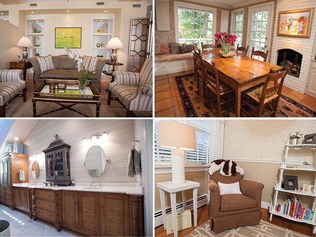Clockwise from top left: the Levin living space, the Nelson dining room, the Mangus nursery and the Stephenson bath.