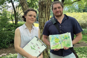 Sketch Roanoke co-founders and volunteer leaders are artists Maria Stone (left) and Michael Holcomb, pictured in Virginia Western Community College’s arboretum. They choose visually interesting places for artists to gather and create, twice a month.