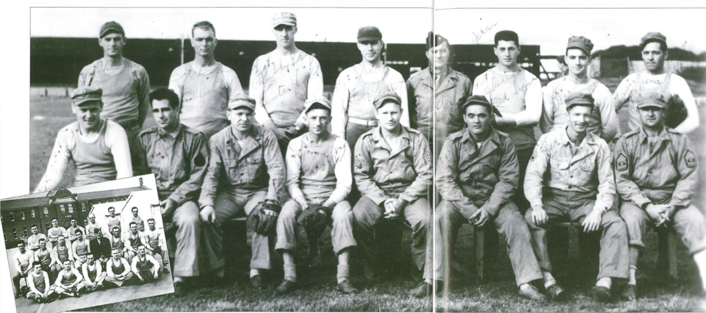 European Champions, 1943, photographed at Plymouth Town's soccer pitch in England. Seated: Sgt. Popodeck, Douglas GIiiette, McManus, Joe Gubernot, John Crenshaw, Rottero, Ellis, James Mabes. Standing: Robert Keller, Frank Draper, Carl Proffitt, Pride Wingfield, Burke, Louis Alberlgo, Carl Grimes, Adam Decker.
INSET: Back: Mabes, Cleer, Alberlgo, Keller, Proffitt, Decker. Middle: RoHer, Rowell, McManus, GIiiette, Canham, Marsico, Wright, Draper. Front: Grimes, Gubernot, Williams, Crenshaw, Allan.