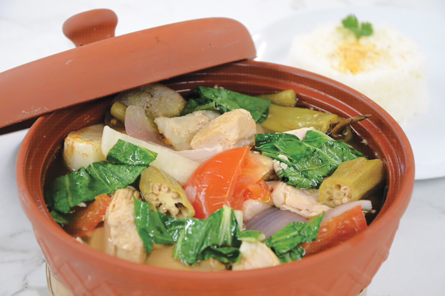 Pork sinigang brims with okra, eggplant and tomatoes in a tamarind-based broth.
