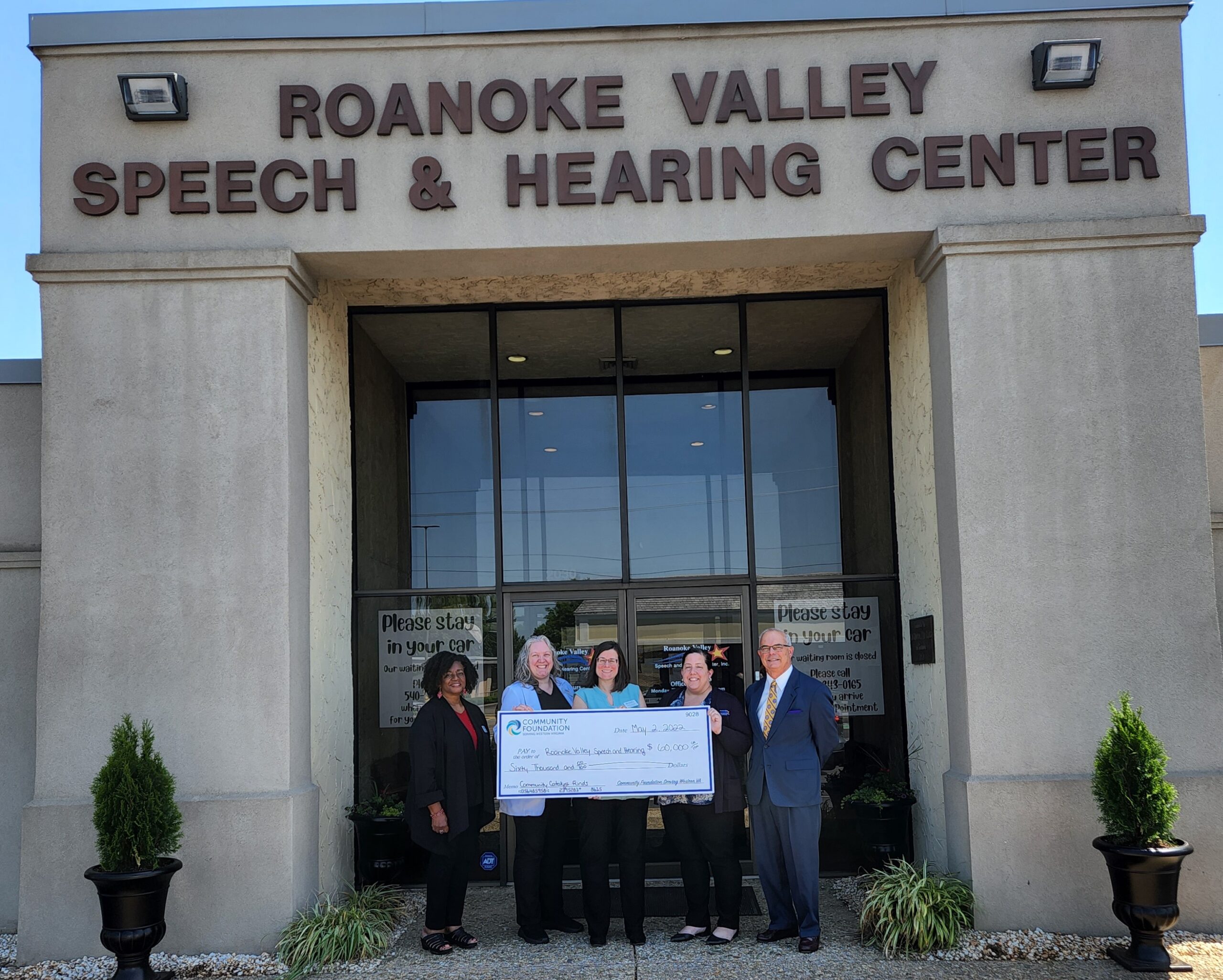 Pictured L-R: Gail Thompson, Board Member of Roanoke Valley Speech and Hearing Center, Dr. Heather Dickey, Audiologist of Roanoke Valley Speech and Hearing Center, Mary E. Hodges, Grants Officer of Community Foundation Serving Western Virginia, LeeAnn Linkenhoker, Executive Director of Roanoke Valley Speech and Hearing Center, and John Keeley, Board Chair of Roanoke Valley Speech and Hearing Center.