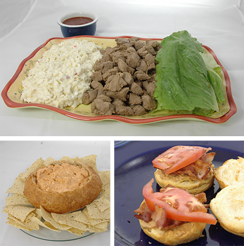 Top: Pork Lettuce Wraps. Left: Apache Dip. Right: B.P.T. (Bacon, Peanut Butter & Tomato) Pockets.