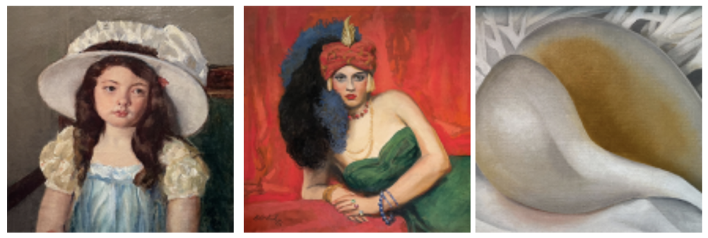Left to right: Mary Cassatt (1844-1926), Francoise Wearing a Big White Hat (detail), circa 1908, oil on canvas, 23 ½ x 19 ¾ inches 
Walt Kuhn (1877-1949), Girl with Turban (Zuleika) (detail), 1938, oil on canvas, 30 x 40 inches 
Georgia O'Keeffe (1887-1986), Shell (detail), 1937, oil on canvas, 9 ½ x 13 inches