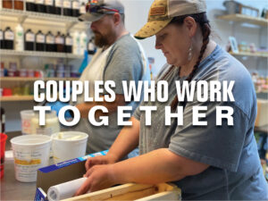 Wes and Krissy Reynolds at Sun and Spruce Soaps divide and conquer their work.