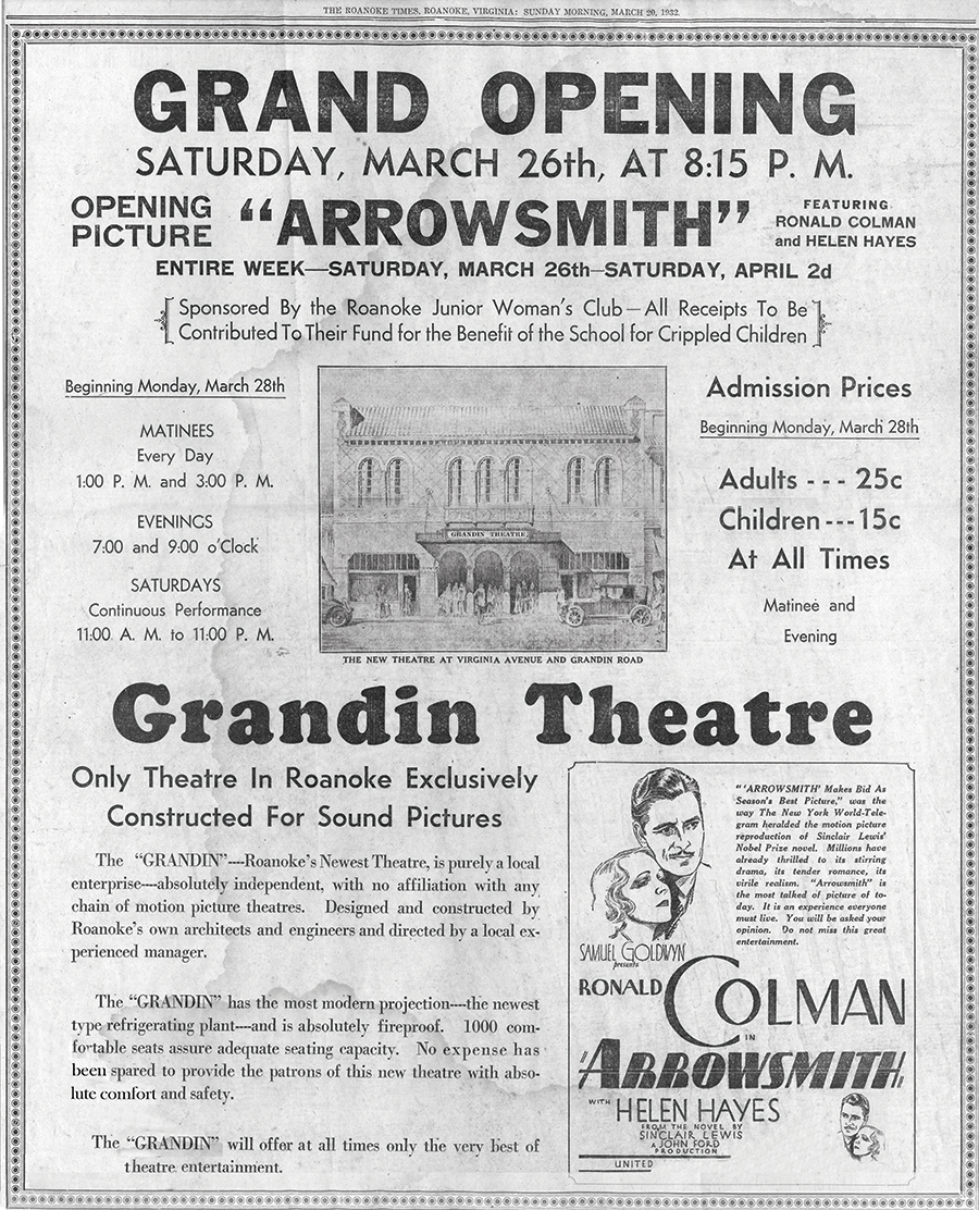 Shown is the advertisement for the opening of the Grandin Theatre that ran in local newspapers in late March 1932.