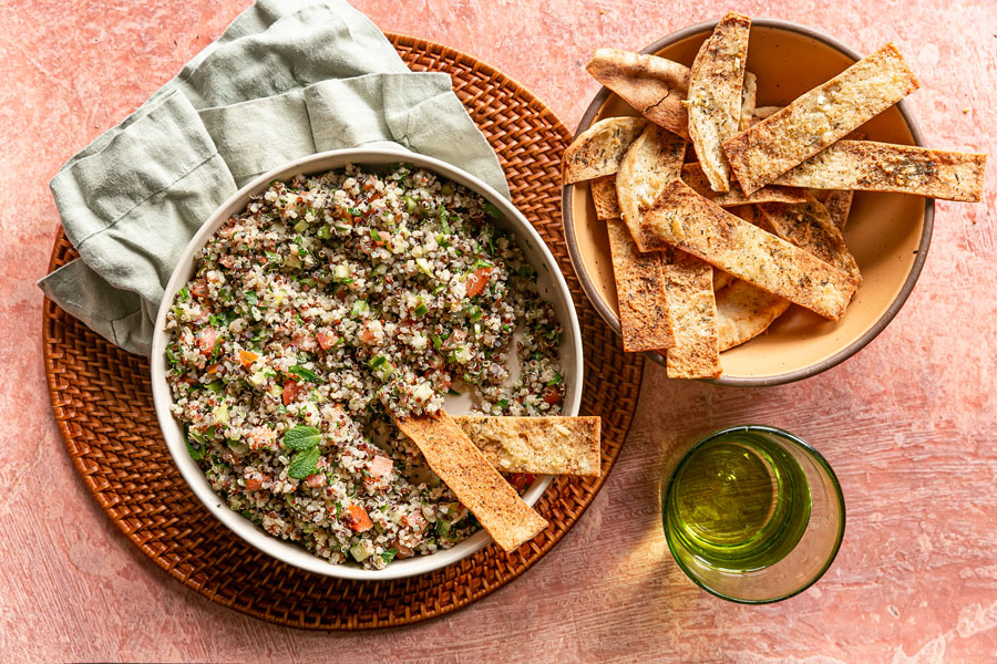 Tricolor Quinoa Tabbouleh and Thyme and Garlic Pita Chips