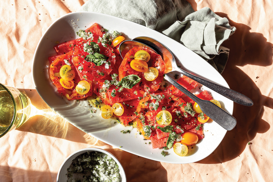 Heirloom Tomato Watermelon Carpaccio with Basil Ice