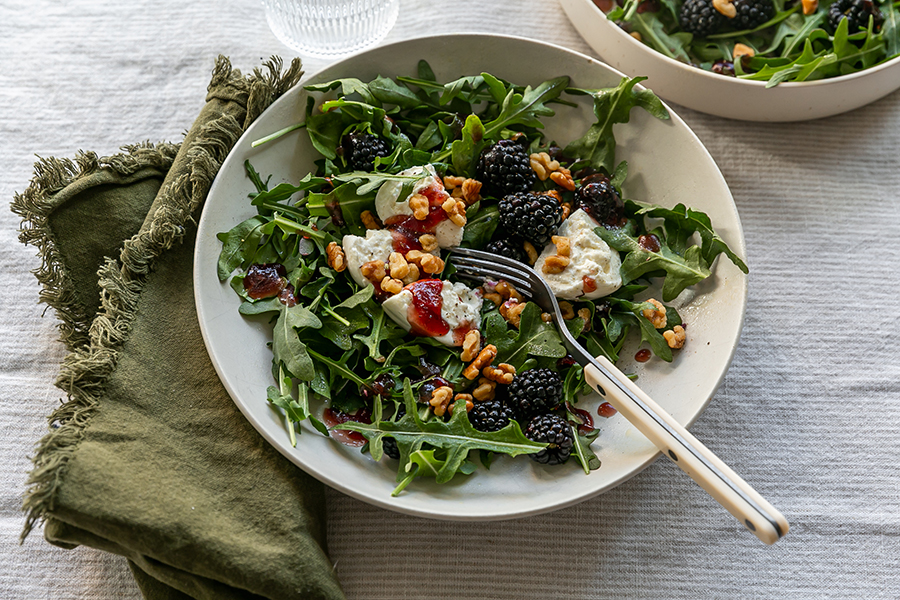 Arugula Burrata Blackberry Salad with Candied Walnuts