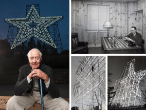 Left: Bob Kinsey, 89, was a young man of 24 when, unseen to the 250 attendees at the dedication of the Mill Mountain Star, he turned on the lights as the mayor flipped a yet-to-be connected switch. (Photo by David Hungate)

Upper right: Roy Kinsey at work in his Kirk Avenue office, circa 1923.

Bottom: The infrastructure of the star was built to withstand winds of 100 mph, with an additional 30 percent safety factor. The star is actually three individual stars, as evidenced by this piece being lifted into place.