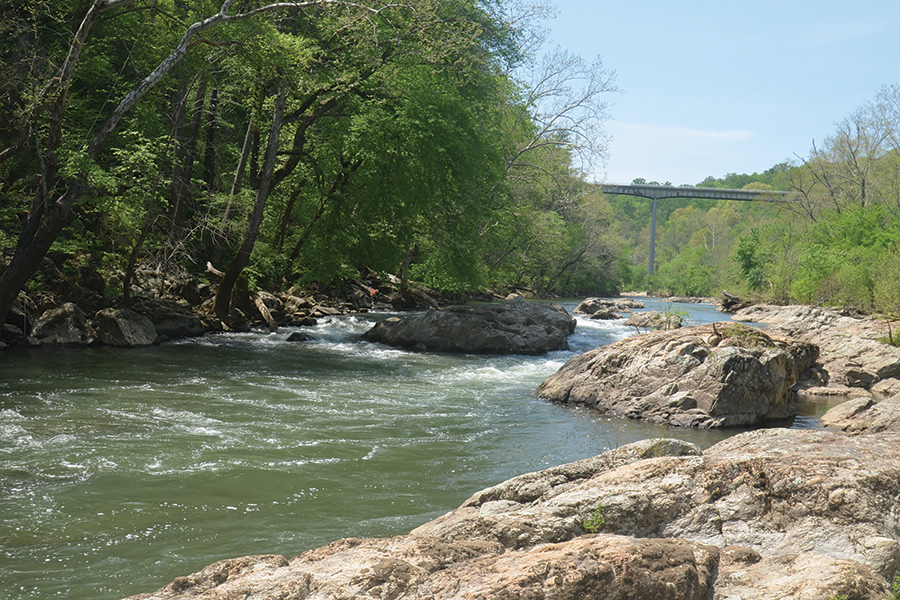 This Class III rapid lies in the heart of the Roanoke River Overlook (Milepost 114.9) to Explore Park/Rutrough Point float.