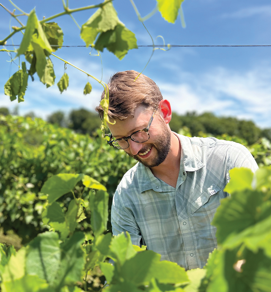 Vineyard manager Riley Sobieski prunes to maximize vine health and productivity.