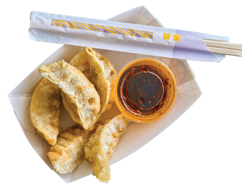 Fried pork gyoza boast a crisp exterior and juicy filling within.