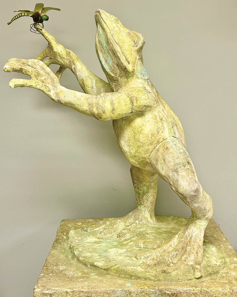 Artist Cindy Stevens created the cement clay sculpture, Suspended Motion, as part of the Pilgrims at the Creek art exhibit on display at the Roanoke municipal building through Sept. 10, 2026.