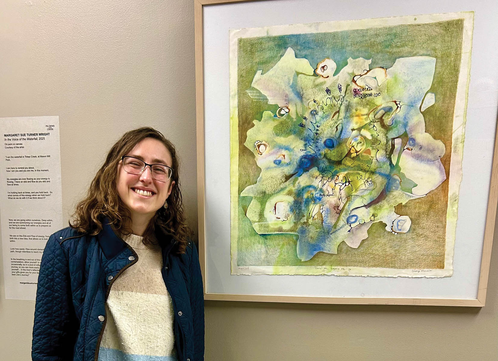 Artist Casey Murano discussed her watercolor, Come On, Surprise Me, at an artist talk.