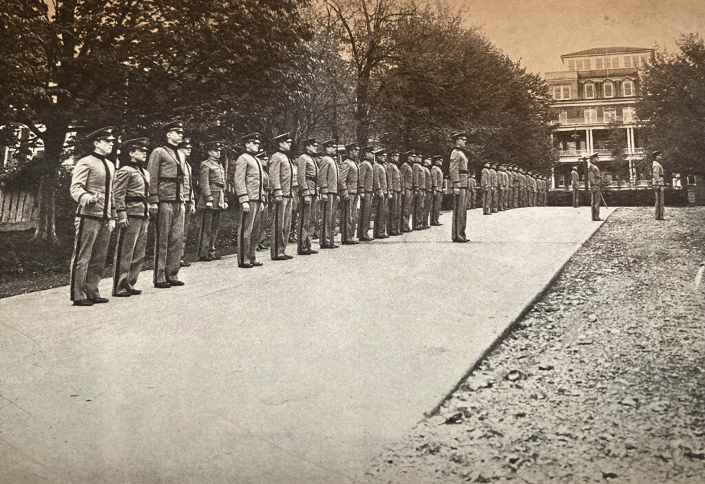 Cadets line up for formation on the front walk of the Harris Military Institute. ©Courtesy of Nelson Harris