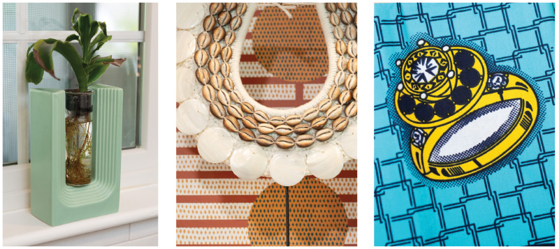 MIDDLE: A touch of kismet: Nicole bought this necklace in Venice, Italy, but the beads are made in the Ivory Coast. Nicole bought it before she knew Dominique, connecting them without her knowing before they met. Dom likes wearing jewelry, which is more common in African countries.

FAR RIGHT: It’s very common to gift fabric in the Ivory Coast. The fabrics often have different symbols on them. This piece of fabric with diamonds on it is given as a gift for someone who’s not yet married. The friend who introduced Nicole and Dominique gave it to Nicole. 