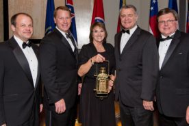 Accepting the award – (pictured from left to right)  From the City of Salem, City Manager Kevin Boggess and Mayor Randy Foley, Roanoke County Vice-Chair Charlotte Moore, Roanoke City Mayor David Bowers and Landon Howard, President of the Roanoke Valley CVB.