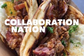 Breakfast Tacos featuring buttermilk pancakes, American cheese, sweet tea fried chicken, bacon and a runny egg.