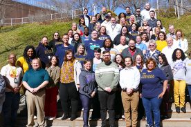 A cross-section of Virginia Western staff, faculty and administrators assembled during the College’s Spring Break for CLEAR Coaching offered by the firm InsideTrack. Patrick Boye (front, in striped sweater) and Ben Smith (in white shirt), InsideTrack trainers, are flanked by AVP of Institutional Effectiveness, Dr. Jolene Hamm, and VP of Student Affairs Bernadette “Bern” Battle. CLEAR stands for Confirm, Legitimize, Evaluate, and Respond.