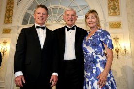 A gala event Saturday, June 14, celebrated Dr. Robert H. “Bobby” Sandel’s educational legacy as he retires after 24 years as president of Virginia Western Community College. Pictured are (from left) Dr. David Doré, chancellor of the Virginia Community College System; Dr. Sandel; and Virginia Western Educational Foundation Board Chair Deborah Petrine, who announced that the Virginia Western Forward Fund has reached its initial $15 million fundraising goal.