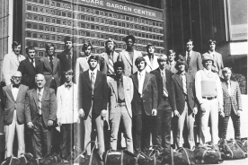 Just before the big game.
Madison Square Garden marquee tells the story as Tech prepares to take on Notre Dame for the 1973 NIT championship. Back row, left to right: Asst. Coach Sonny Smith, Asst.Coach Jim Hallihan, Student Trainer Blaine Jackson, Asst. Coach Bob Andrews, Tim Harvey, Jimmy Allen, Calvin Wade, Dave Sensibaugh, Student Trainer Danny Roberts, Head Coach Don De Voe, Ed Frazier; Front row, left to right: Team Physician Dr. Irwin, Head Trainer Ed Motley, Equipment Manager Buster Smith, John Payne, Charlie Thomas, Geoff Wiggins, Kyle McKee, Craig Lieder, Alan Bristow, Bobby Stevens.