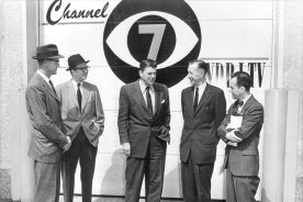Future President Ronald Reagan meets with  station manager John Harkrader (second from right) and others at the studios of WDBJ TV.