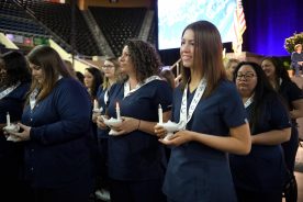 The 2022 cohort of Virginia Western's Nursing Program is honored during the Pinning Ceremony on May 13, 2022, at the Berglund Center. The 2022 graduates were the first to undertake a coaching program to prepare for the NCLEX-RN exam, a requirement to become a Registered Nurse.