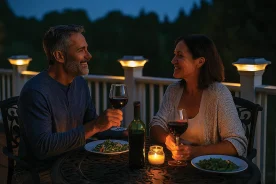 couple enjoying dinner and wine at night time with solar powered decking lights