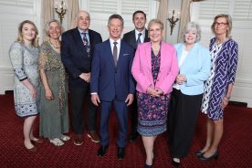 Diane and William Elliot and Davis H. Elliot Company, Inc. received the Chancellor’s Award for Leadership in Philanthropy on April 22 in Richmond. From left are Katie Smith, Engineering Manager, Davis H. Elliot Company, Inc.; Diane Elliot, President, Davis H. Elliot Company, Inc.; William D. Elliot, Chairman of the Board (retired), Davis H. Elliot Company, Inc.; Dr. David Doré, Chancellor, Virginia Community College System; Brian T. Briley, President, Davis H. Elliot Company, Inc.; Dr. Laura J. Treanor, President, Virginia Western Community College; Amanda Mansfield, Philanthropy Director, Virginia Western Educational Foundation; and Marilyn Herbert-Ashton, Vice President of Institutional Advancement, Virginia Western Community College. Photo credit: Virginia Community College System