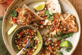 Queso Blanco Chicken Quesadillas Topped with Calabacitas
